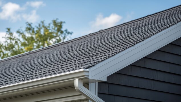 White frame gutter guard on pitched roof attic featuring dark gray horizontal vinyl siding and white architectural accents
