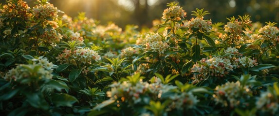 Obraz premium Lush springtime greenery showcasing blooming floral clusters and vibrant foliage