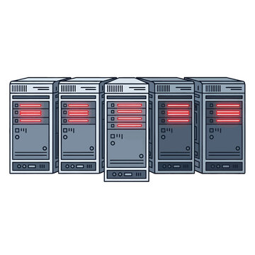 A row of five digital server towers standing in a clean studio environment