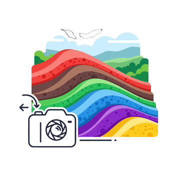 A colorful geological cross section illustration with a camera icon