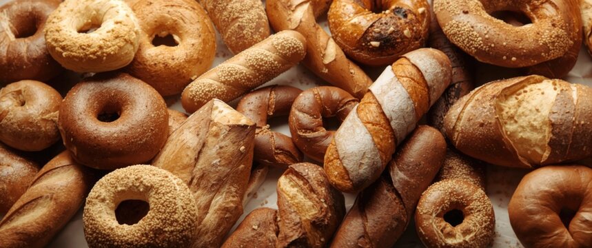 Collection of assorted breads and pastries featuring bagels and baguettes on a plain background