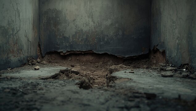 Inspection scene with water damage revealing weak foundation and unstable soil conditions