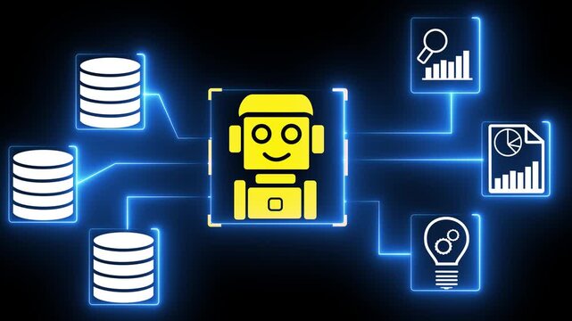 AI data warehouse. Integrated database for business data analysis. Data pipeline and data warehouse. Motion graphics of data analysis idea. Glowing neon on the black background 4k video.