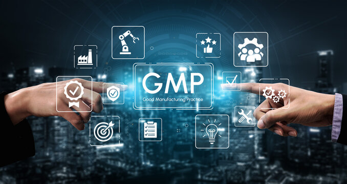 Hands Pointing to GMP Symbols Representing Good Manufacturing Practices in a Modern Industrial Setting with Cityscape Background. Entropy.
