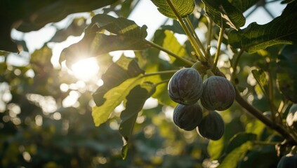 Fototapeta premium Sunlit greenhouse showing mature figs on a tree branch with copy space