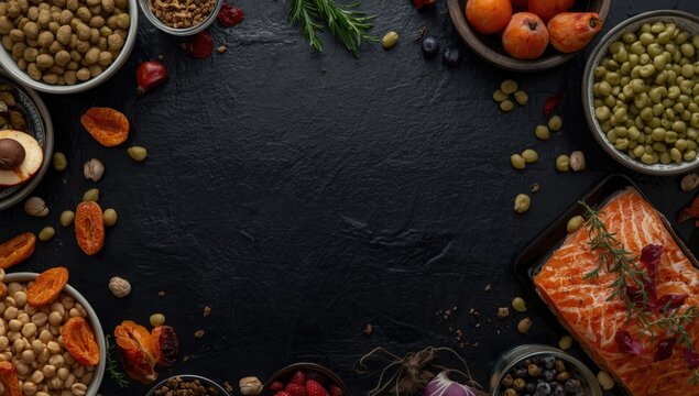 Top down shot showing potassium packed salmon legumes fruits and dried apricots on black background with copy space
