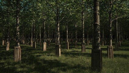 Naklejka premium Sustainable wooden supports for newly planted tree stability