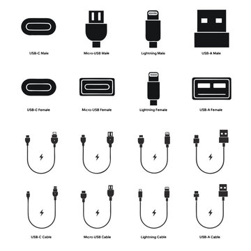 Universal usb type c micro and lightning connector cable icons for data transfer.