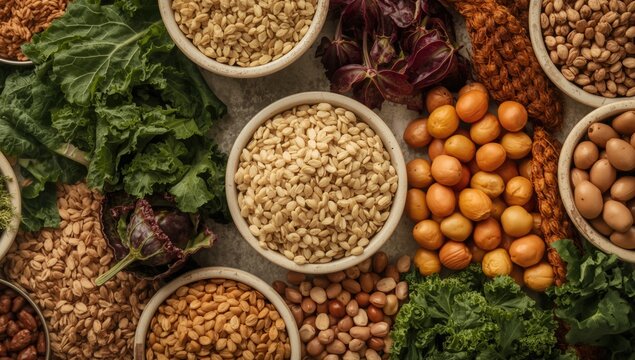 Overhead view of nourishing foods high in vitamin B1 content