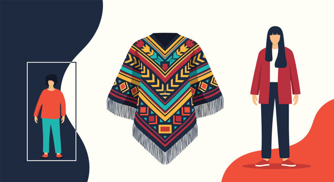 Native american style poncho with geometric patterns centered between two human figures in different casual outfits.