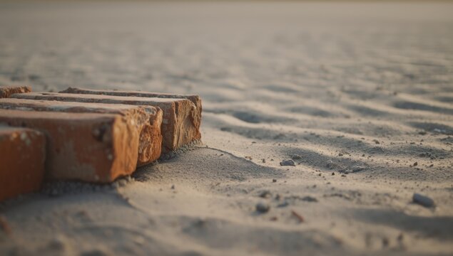 Weathered brick with rough edges resting on soft gray sand ground