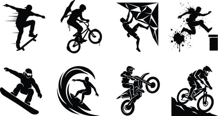 Set of extreme sports vector silhouettes featuring skateboarding bmx rock climbing parkour snowboarding surfing motocross and mountain biking © jamal