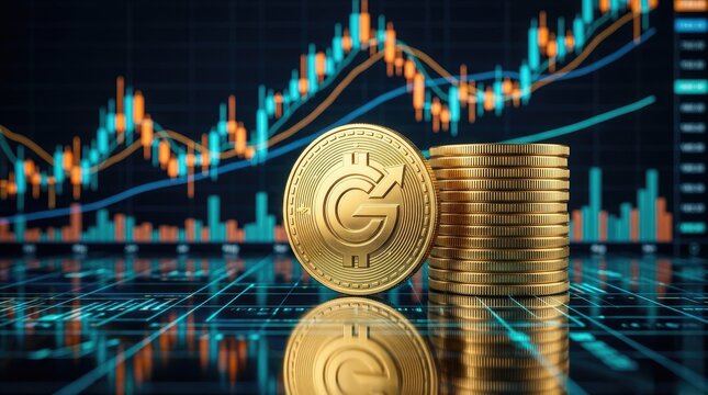 Golden Cryptocurrency Coin and Stock Market Chart Background.