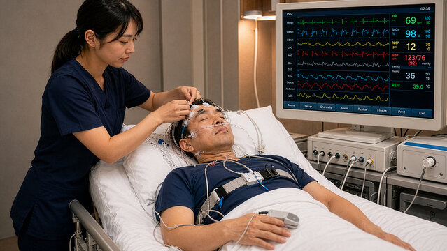 Medical Technician Attaching Sleep Study Electrodes and Sensors to Japanese Male Patient in Sleep Lab for Polysomnography Test
