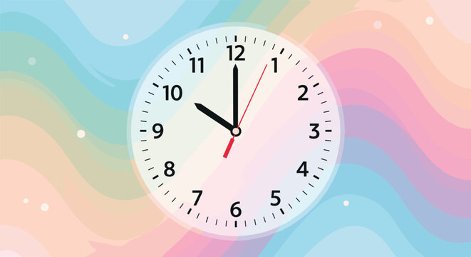 analog wall clock with black numbers and hands indicates ten o clock over a soft pastel colored rainbow wave background.