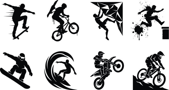 Set of extreme sports vector silhouettes featuring skateboarding bmx rock climbing parkour snowboarding surfing motocross and mountain biking