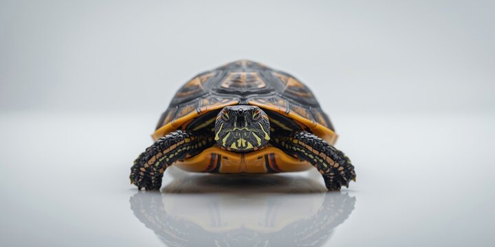 Red eared turtle centered on glossy white background