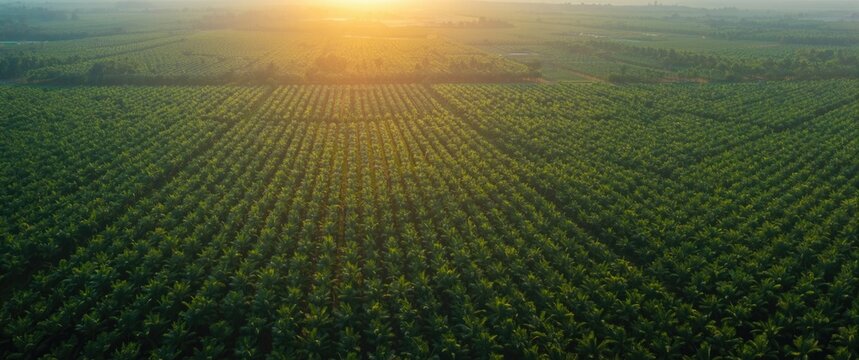 Morning aerial imagery of palm oil plantations showing structured rows and copy space