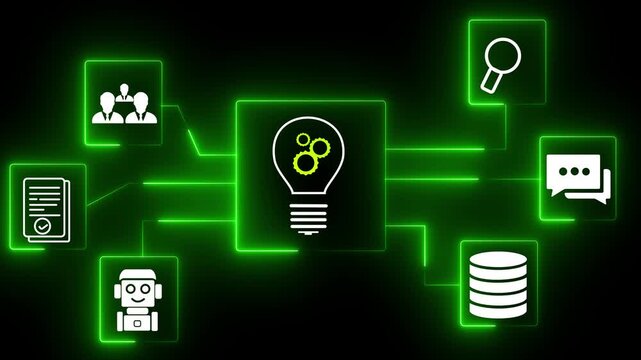 Knowledge management and sharing solution. Information and document retrieval from content repository. Glowing neon on the black background 4k video.