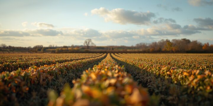 Seasonal autumn farmland scene with focused arable plots and empty copy space