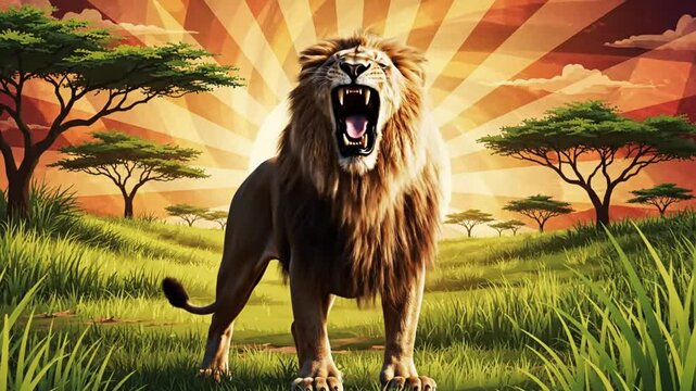 Epic lion roaring with dramatic savannah sunset background, powerful king of the jungle concept