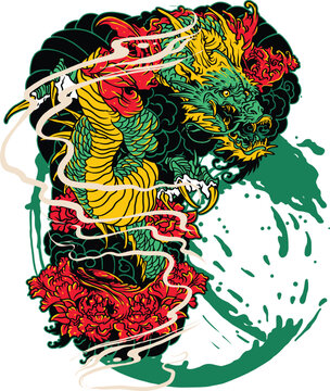 Japanese Dragon Tattoo Art with Chrysanthemum Flowers and Storm Clouds &mdash; Vibrant Vector Illustration