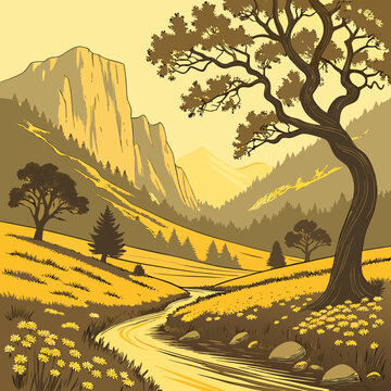 Scenic landscape with a winding path trees a large rock formation in the background landscape mountain formation wilderness environment hillside vegetation greenery hazelnut chestnut