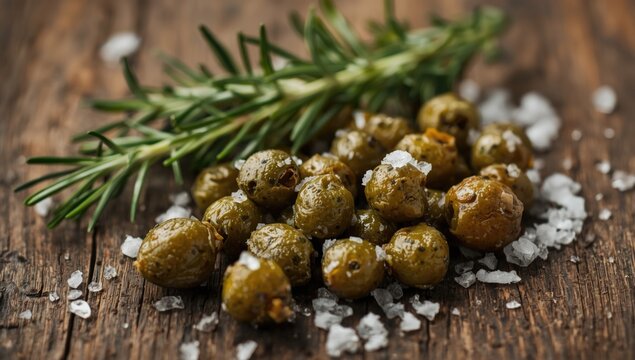Sea salt speckled pickled capers paired with rosemary on rustic wooden surface