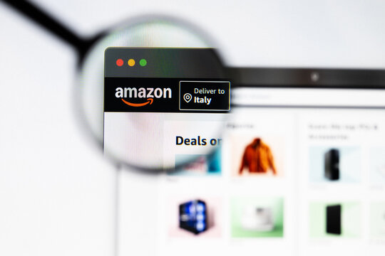 Milan, Italy 2026, 20 Apr Closeup of Amazon website on a laptop screen. Amazon logo under a magnifying glass.