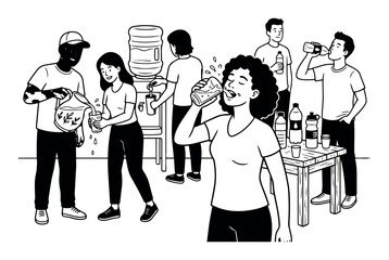 Obraz premium Diverse people hydrating with various types of water and beverages, getting refreshment at a busy community gathering or event