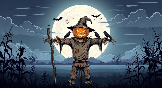 Halloween scarecrow with pumpkin head and ravens under full moon