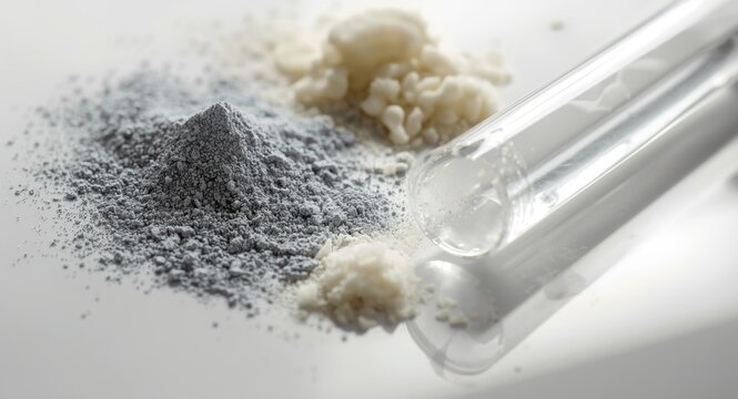 Closeup of chemical powders and a test tube with clear liquid on a white lab table highlighting zinc powder and cetyl esters wax