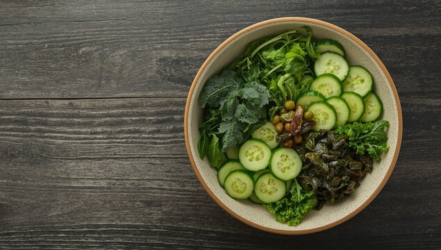 Healthy meal option with fresh cucumbers and leafy greens arranged in a bowl on a dark table
