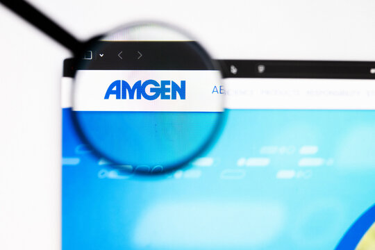 Milan, Italy 2026, 20 Apr Closeup of Amgen website on a laptop screen. Amgen logo under a magnifying glass.
