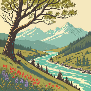 Large tree with a wide trunk and branches in a mountainous landscape with a river and flowers mountain landscape outdoors wilderness wildlife greenery vegetation panorama environment