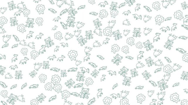 Perfect for childrens textiles, wallpaper, stationery, and apparel design, showcasing adorable green outlined teddy bears, lions, and cartoon animals.