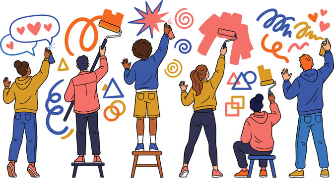 Creative Diverse Teenagers Painting Graffiti Mural on White Wall Using Spray Cans and Paint Rollers Vector Illustration Set