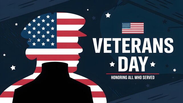 Veterans day graphic with soldier silhouette and american flag pattern