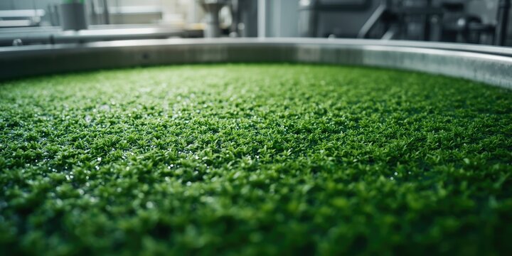 Industrial scale liquid microalgae growth featuring spirulina and chlorella with copy space