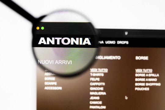 Milan, Italy 2026, 20 Apr Closeup of Antonia website on a laptop screen. Antonia logo under a magnifying glass.