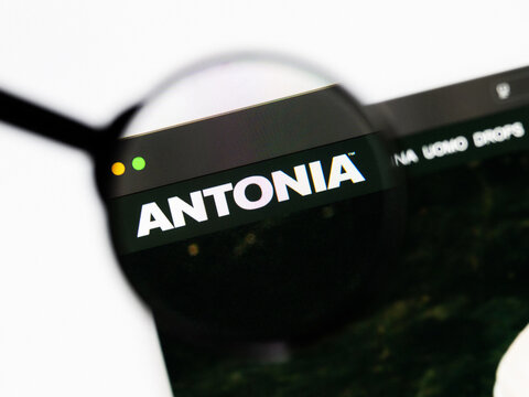 Milan, Italy 2026, 20 Apr Closeup of Antonia website on a laptop screen. Antonia logo under a magnifying glass.