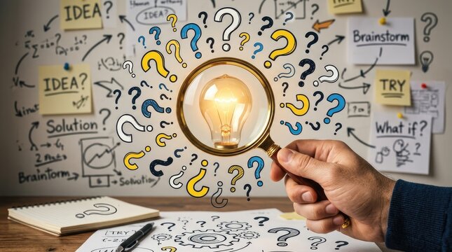 A person holds a lightbulb over a table covered with sketches and question marks, symbolizing brainstorming and problem-solving.