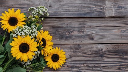 Obraz premium Sunflower floral bundle staged on aged timber background ideal for copy space