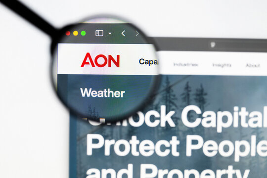 Milan, Italy 2026, 20 Apr Closeup of Aon website on a laptop screen. Aon logo under a magnifying glass.
