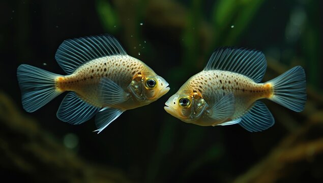 Lively zebrafish duo featuring veil fins in a natural aquarium scene