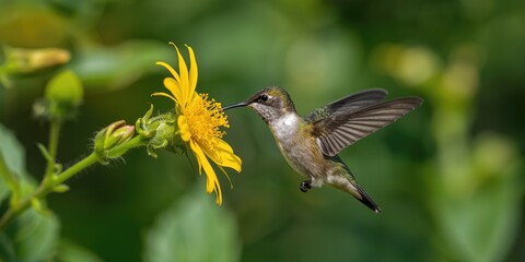 Fototapeta premium Hummingbird in a lively green environment sipping nectar from a bright yellow bloom