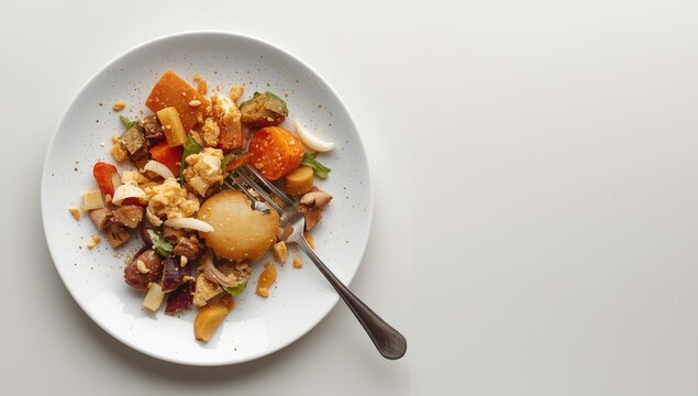 Plate exhibiting food leftovers and untidy fork