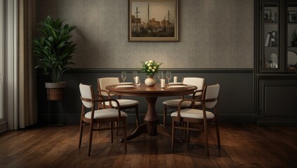 Obraz premium Tasteful dining environment with a round table, white cushioned chairs, hardwood floor, and decorative plant