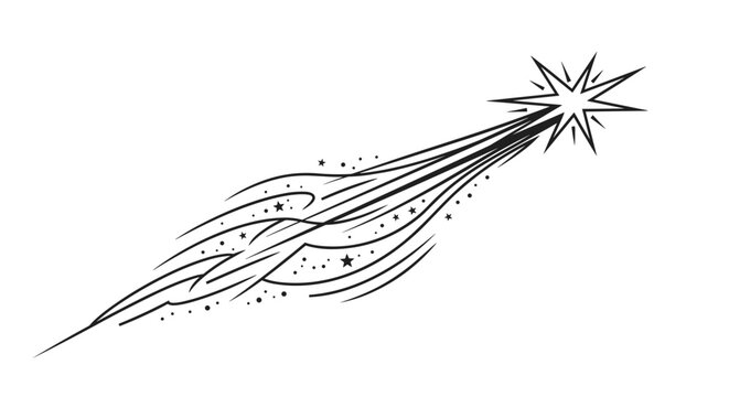 Dynamic shooting star illustration with a flowing celestial trail of stardust and tiny stars perfect for astronomical design themes.