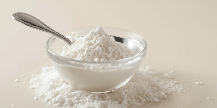 Glass bowl with white guar gum powder and spoon depicting food thickener for creamy dairy applications